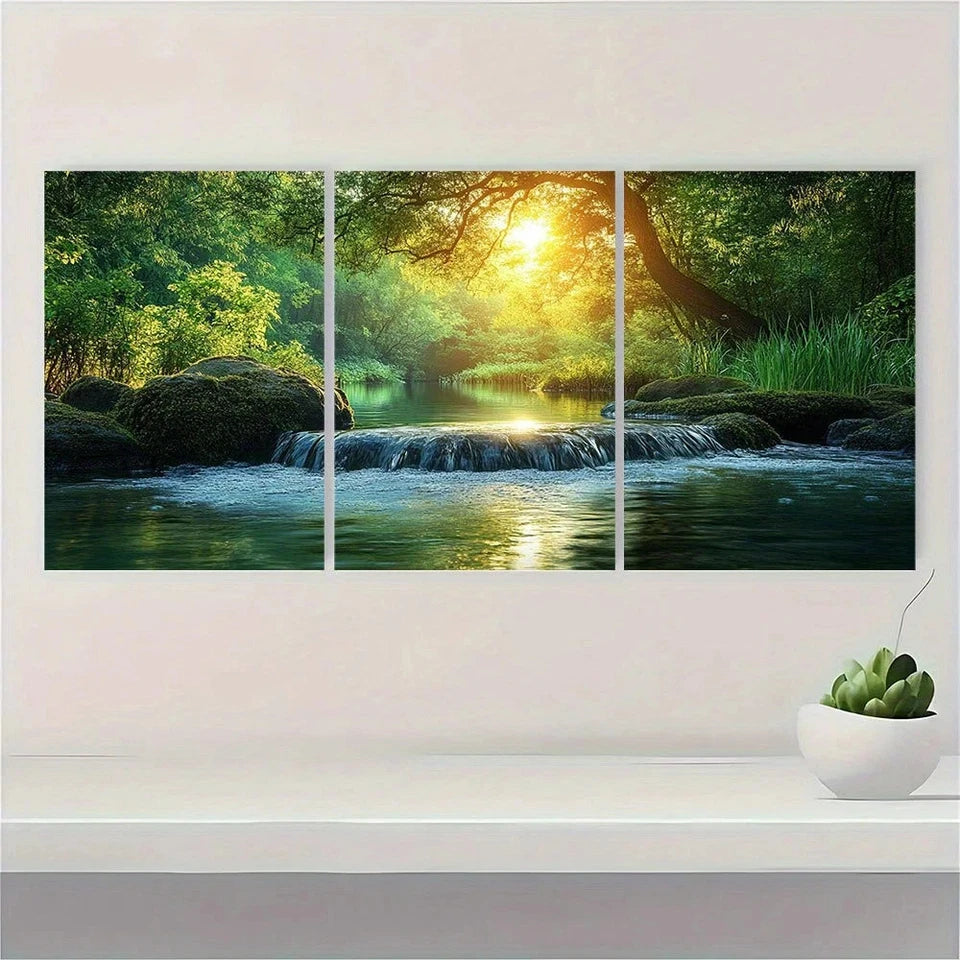 3pcs Bamboo Forest and River Modern Zen Style Metal Print Ready to Hang Art - Bella Home Decor
