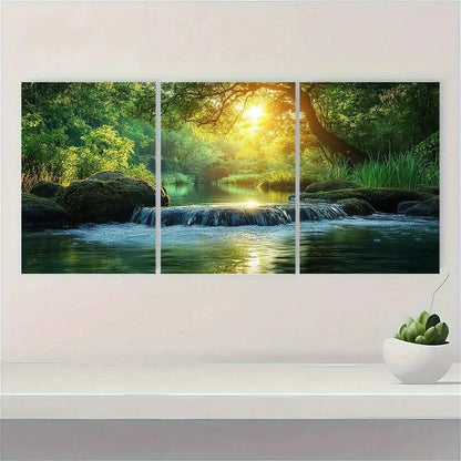 3pcs Bamboo Forest and River Modern Zen Style Metal Print Ready to Hang Art - Bella Home Decor
