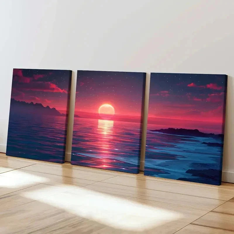 3pcs Sunset Horizon Sea Ocean Vintage Wall Art Set Canvas Framed 60x90cm - High Quality Print 100% Australian Made Wall Canvas Ready to Hang
