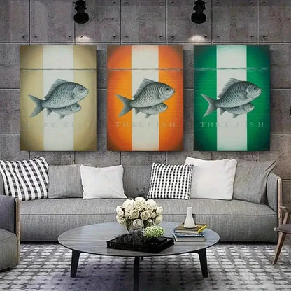 3pcs striped Background, Three Fish   Wall Art Set Canvas Framed 60x90cm - High Quality Print 100% Australian Made Wall Canvas Ready to Hang