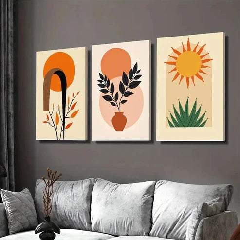 3pcs Boho Style Modern Abstract Sun Wall Art Set Canvas Unframed - High Quality Print 100% Australian Made Wall Canvas - Bella Home Decor