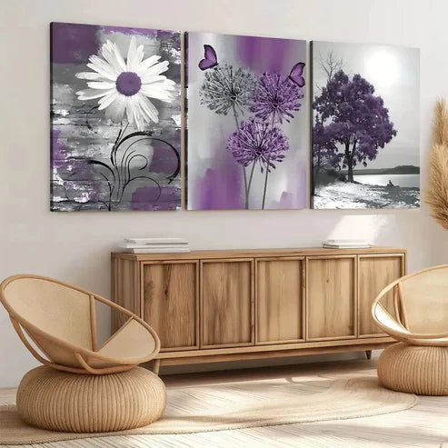 3pcs Purple and Gray Dandelions Daisie Butterfly Wall Art Set Canvas Unframed - High Quality Print 100% Australian Made Wall Canvas