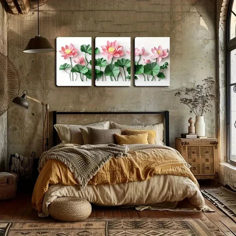 3pcs Watercolor Lotus Flower Triptych Perfect Wall Art Set Canvas Framed 50x70cm - High Quality Print 100% Australian Made Wall Canvas Ready to Hang - Bella Home Decor