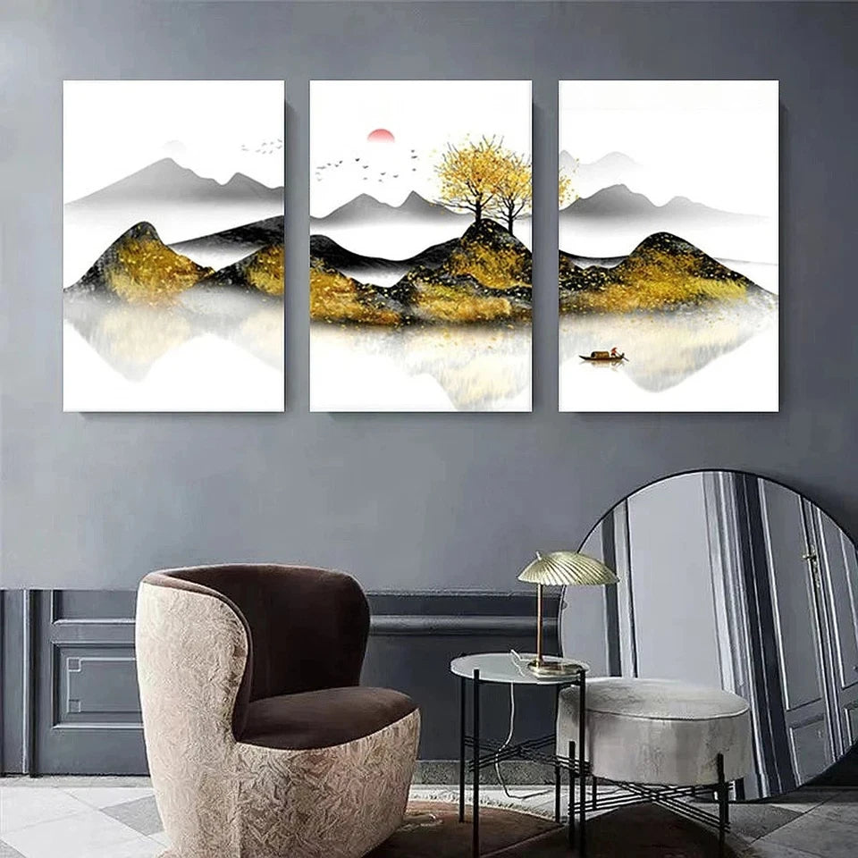 3pcs Serene Nature Scene with Mountains Trees Metal Print Ready to Hang Art