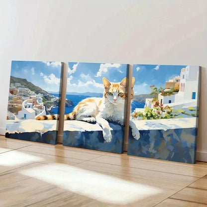 3pcs Abstract Cat & Aegean Sea of Greece Scene Wall Art Set Canvas Framed 60x90cm - High Quality Print 100% Australian Made Wall Canvas Ready to Hang - Bella Home Decor