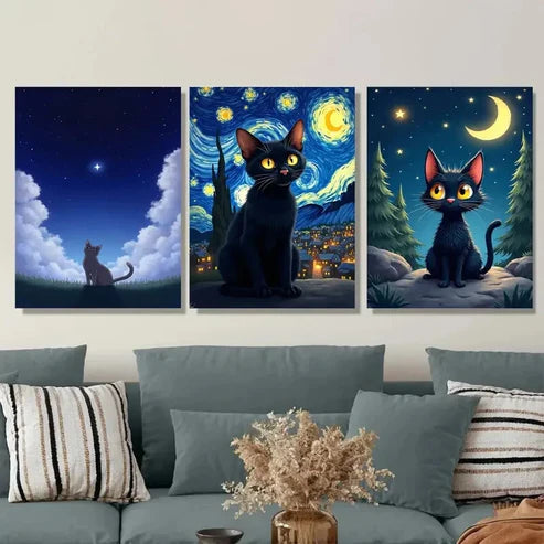 3pcs Starry Night Cat Triptych Vibrant Black Cat Wall Art Set Canvas Unframed - High Quality Print 100% Australian Made Wall Canvas