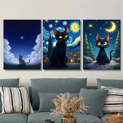 3pcs Starry Night Cat Triptych Vibrant Black Cat Wall Art Set Canvas Unframed - High Quality Print 100% Australian Made Wall Canvas