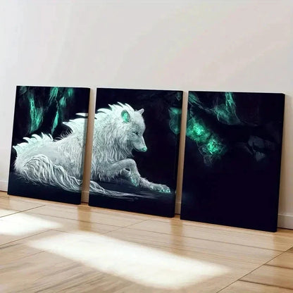 3pcs White Wolf Modern Fantasy Animal  Wall Art Set Canvas Framed 50x70cm - High Quality Print 100% Australian Made Wall Canvas Ready to Hang