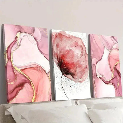 3pcs Abstract Gold Lined Pink Flowers & Design Wall Art Set Canvas Unframed - High Quality Print 100% Australian Made Wall Canvas - Bella Home Decor
