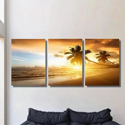3pcs Sunset Over The Sea & Palm Trees Wall Art Canvas Unframed - High Quality Print 100% Australian Made Wall Canvas