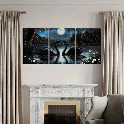 3pcs Black Swan Moonlit Night Serene Lake Wall Art Set Canvas Framed 40x60cm - High Quality Print 100% Australian Made Wall Canvas Ready to Hang - Bella Home Decor