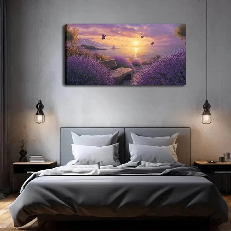 Sunset Over Lavender Field Hues Wall Art Canvas Office Home Room Framed 120x60cm - Bella Home Decor