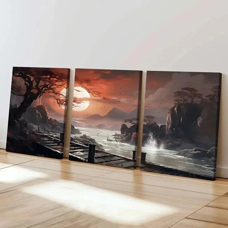 3pcs Artistic Sunset Traditional Chinese Wall Art Set Canvas Framed 40x60cm - High Quality Print 100% Australian Made Wall Canvas Ready to Hang - Bella Home Decor
