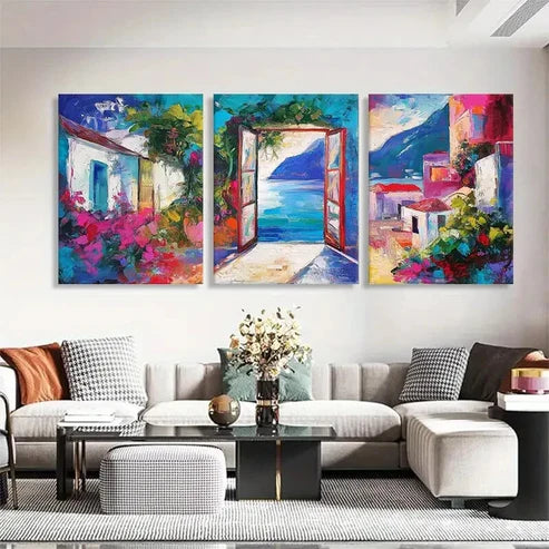 3pcs Mediterranean Village Vibrant Perfect Wall Art Set Canvas Unframed - High Quality Print 100% Australian Made Wall Canvas