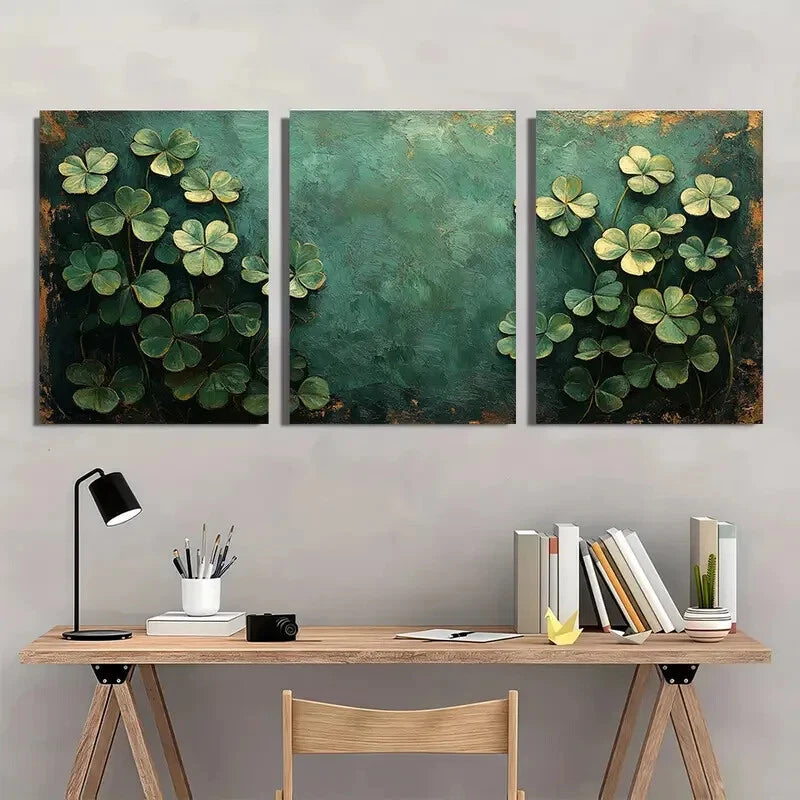 3pcs Vibrant Green Shamrock Design Oil Painting Metal Print Ready to Hang Art - Bella Home Decor