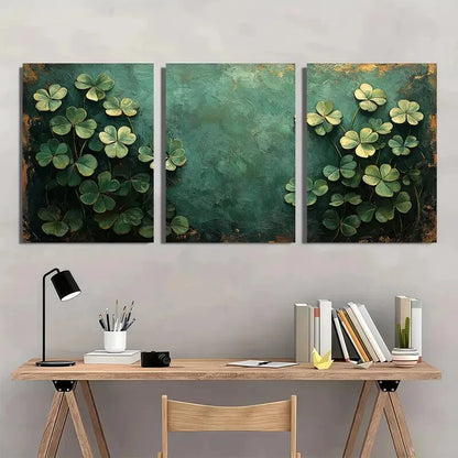 3pcs Vibrant Green Shamrock Design Oil Painting Metal Print Ready to Hang Art - Bella Home Decor
