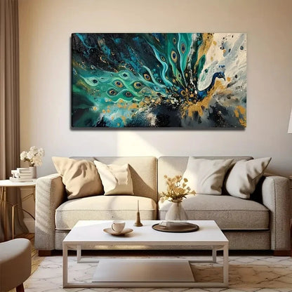 Modern Bohemian Teal Blue Gold Wall Art Canvas Office Home Room Framed 120x60cm