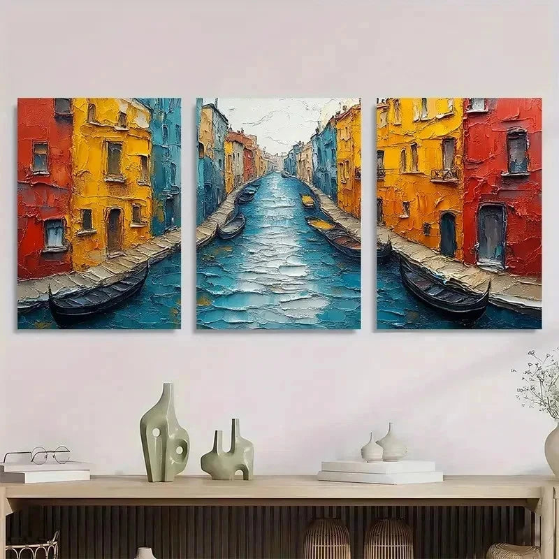 3pcs Gondolas Colorful Buildings Vibrant Perfect Wall Art Set Canvas Framed 60x90cm - High Quality Print 100% Australian Made Wall Canvas Ready to Hang - Bella Home Decor