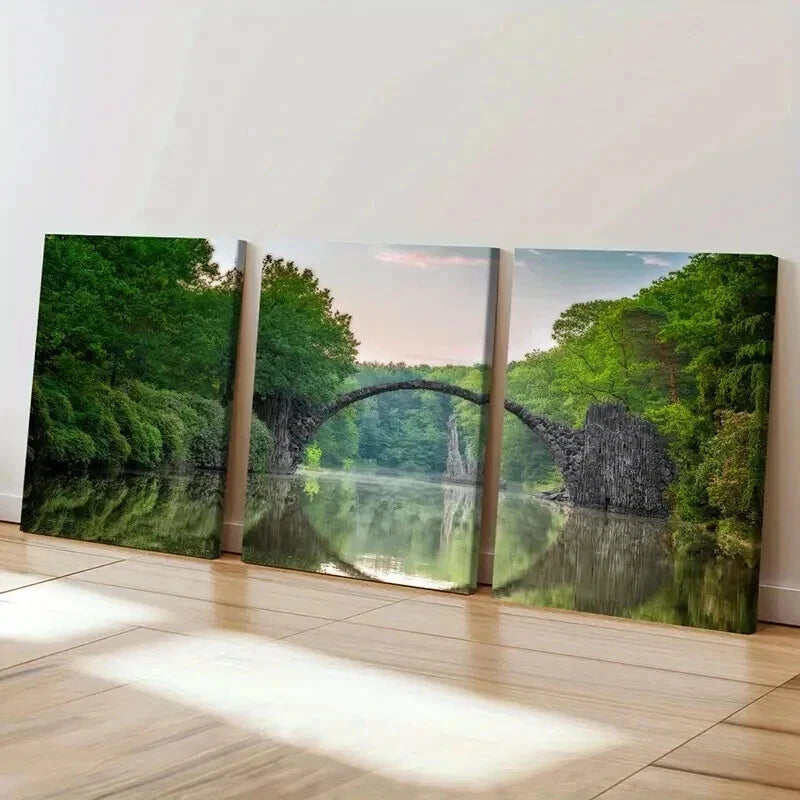 3pcs Serene Lake & Devils' Bridge Landscape Wall Art Set Canvas Framed 40x60cm - High Quality Print 100% Australian Made Wall Canvas Ready to Hang - Bella Home Decor