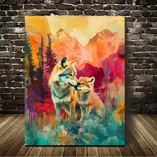 Abstract Art Scene With a Wolf Family In The Mountains  40x60cm Metal Print Ready to Hang - Bella Home Decor