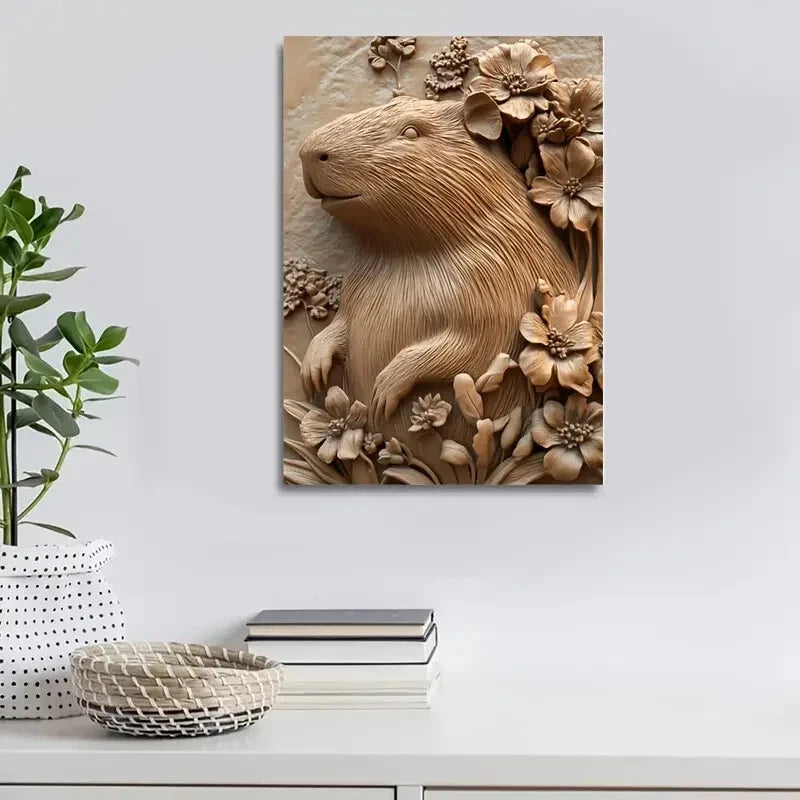 Serene Capybara Surrounded by Heart Painting  40x60cm Metal Print Ready to Hang - Bella Home Decor