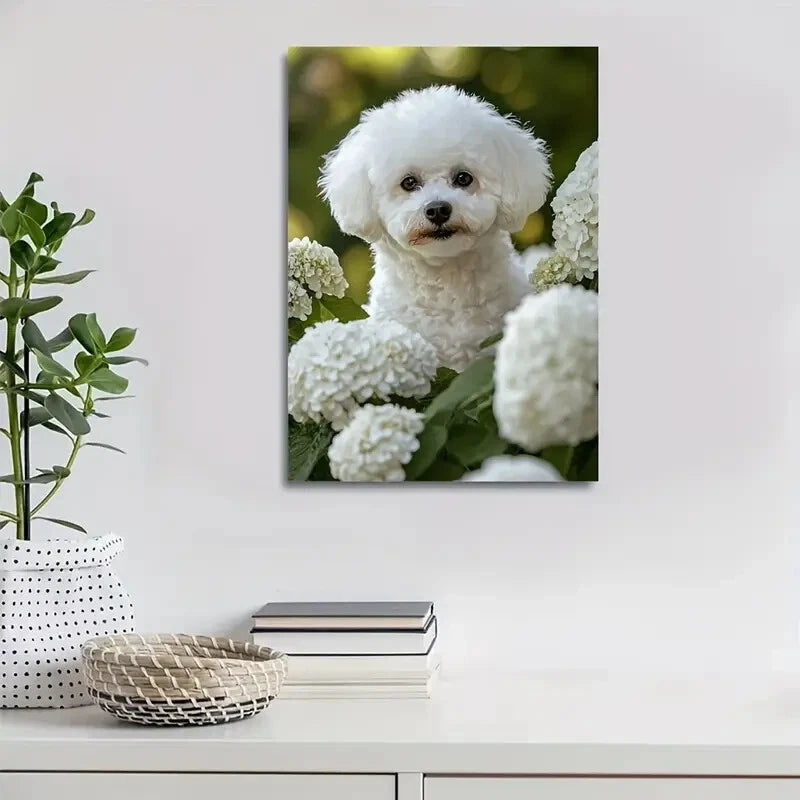 Flowers And Plants Cute Bichon Frise Dog Painting 40x60cm Metal Print Ready to Hang