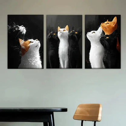 3pcs three cats looking up at the sky Wall Art Set Canvas Unframed - High Quality Print 100% Australian Made Wall Canvas - Bella Home Decor