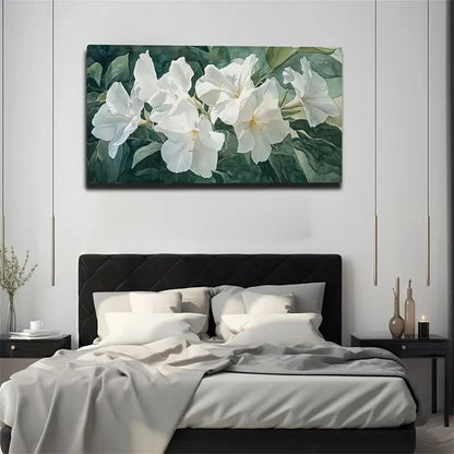 White Flowers with Green Leaves Wall Art Canvas Office Home Room Framed 120x60cm - Bella Home Decor