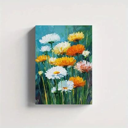 White & Yellow Daisies On Blue Background Painting 40x60cm Metal Print Ready to Hang