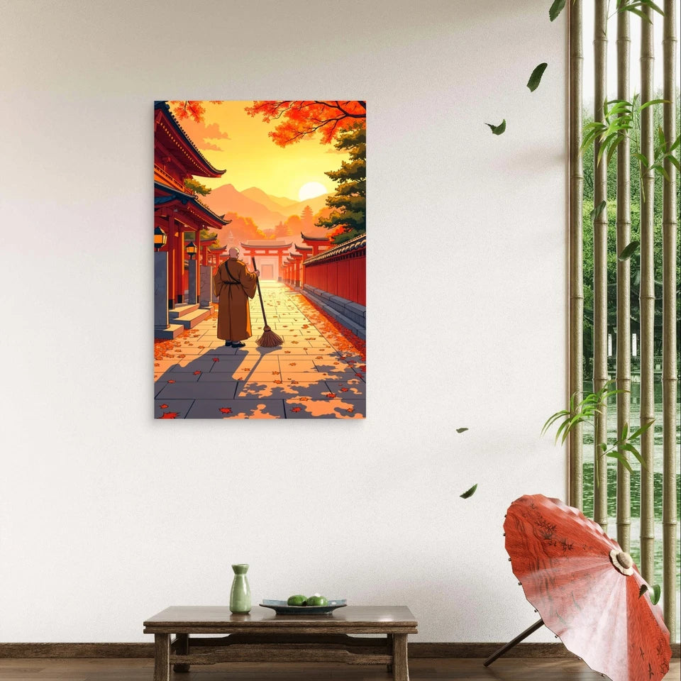 Monk Sweeping Temple Japanese Shrine 40x60cm Metal Print Ready to Hang