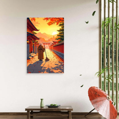 Monk Sweeping Temple Japanese Shrine 40x60cm Metal Print Ready to Hang