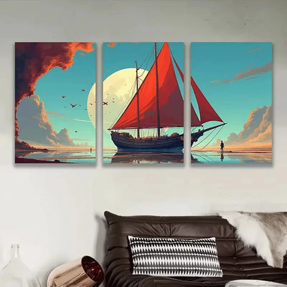 3pcs Sailboat Sunset Art Wall Art Set Canvas Framed 60x90cm - High Quality Print 100% Australian Made Wall Canvas Ready to Hang