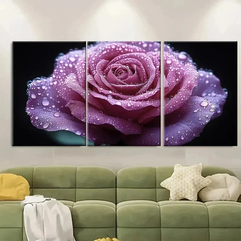 3pcs Violet Rose Water Droplets ET  Wall Art Set Canvas Framed 60x90cm - High Quality Print 100% Australian Made Wall Canvas Ready to Hang