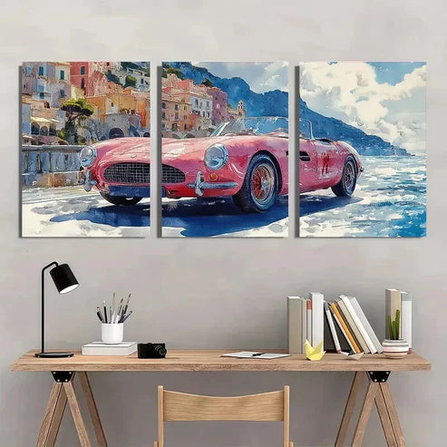 3pcs Retro Pink Italian Car on Coastal Road Wall Art Set Canvas Unframed - High Quality Print 100% Australian Made Wall Canvas