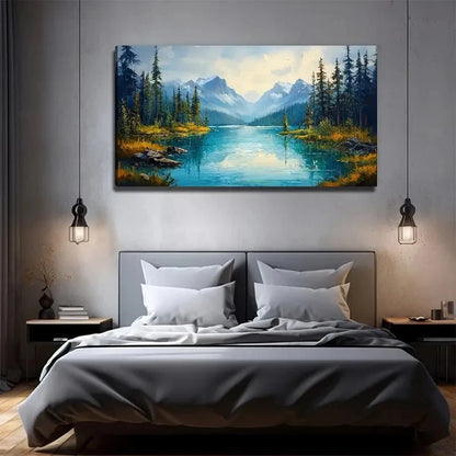 Vibrant Pine Tree Lake Wall Art Canvas Office Home Room Framed 120x60cm
