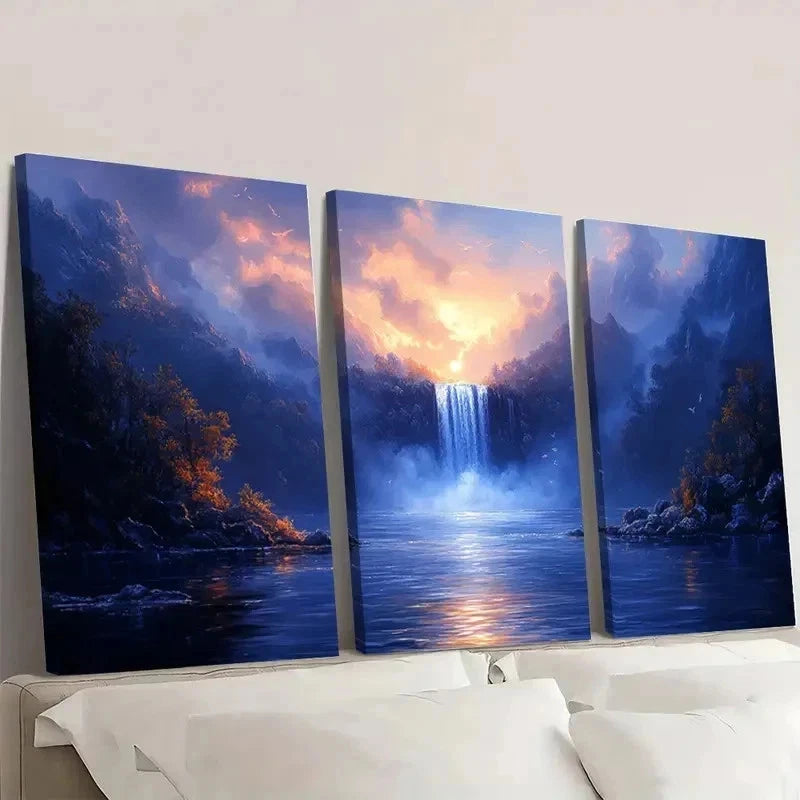 3pcs Glowing Blue Waterfall TI   Wall Art Set Canvas Framed 40x60cm - High Quality Print 100% Australian Made Wall Canvas Ready to Hang - Bella Home Decor