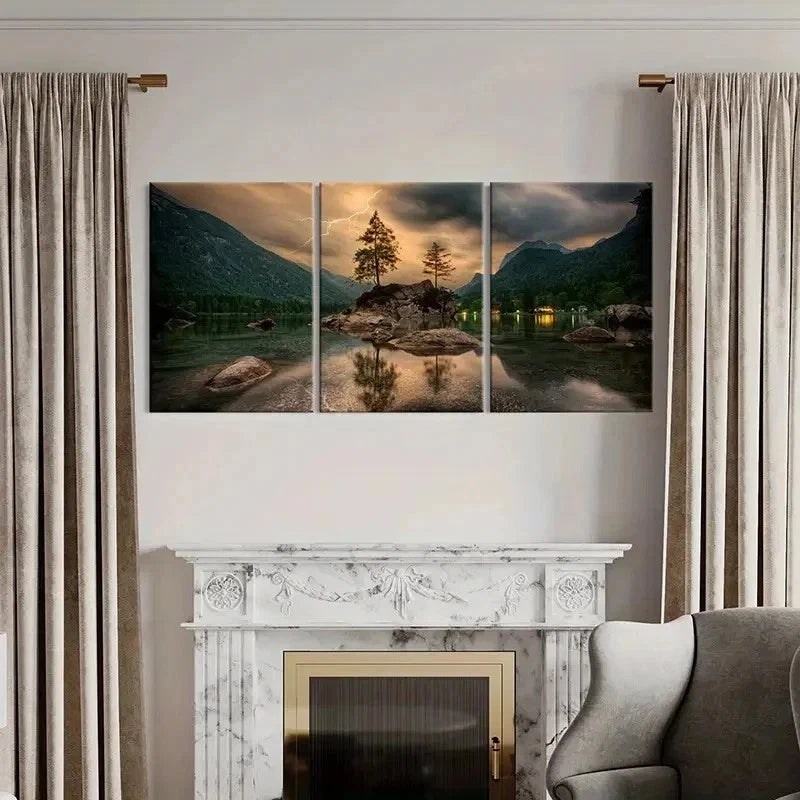 3pcs Forest Stones in the Lake & Lightning Wall Art Set Canvas Framed 40x60cm - High Quality Print 100% Australian Made Wall Canvas Ready to Hang - Bella Home Decor