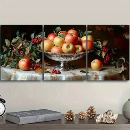 3pcs Silver Bowl Brimming with Apples Wall Art Set Canvas Framed 50x70cm - High Quality Print 100% Australian Made Wall Canvas Ready to Hang