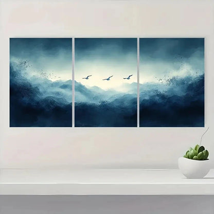 3pcs Blue Smoke Wave & Birds BSW Wall Art Set Canvas Framed 40x60cm - High Quality Print 100% Australian Made Wall Canvas Ready to Hang - Bella Home Decor