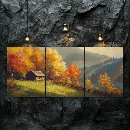 3pcs Autumn Wooden House Nature Colorful Perfect Wall Art Canvas Unframed - High Quality Print 100% Australian Made Wall Canvas - Bella Home Decor