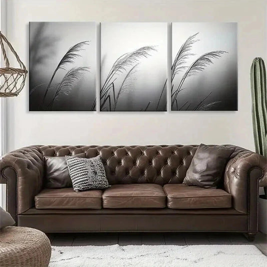 3pcs Minimalist Black and White Grass Perfect Wall Art Set Canvas Framed 60x90cm - High Quality Print 100% Australian Made Wall Canvas Ready to Hang