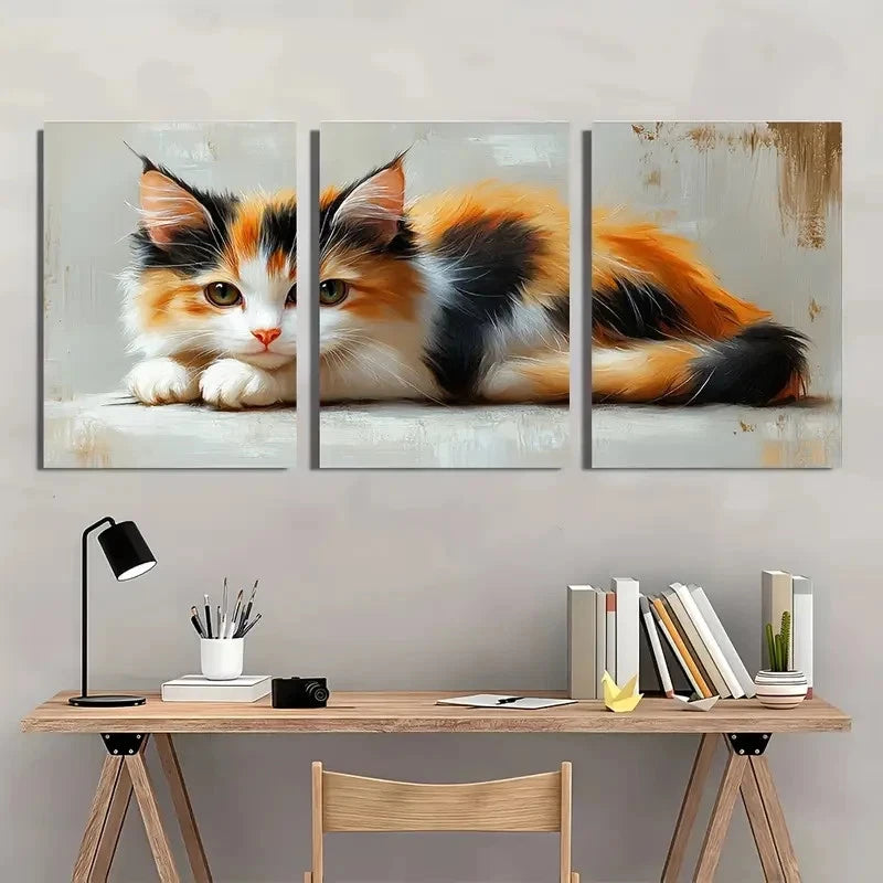 3pcs Calico Cat Oil Animals Perfect Wall Art Set Canvas Framed 40x60cm - High Quality Print 100% Australian Made Wall Canvas Ready to Hang - Bella Home Decor