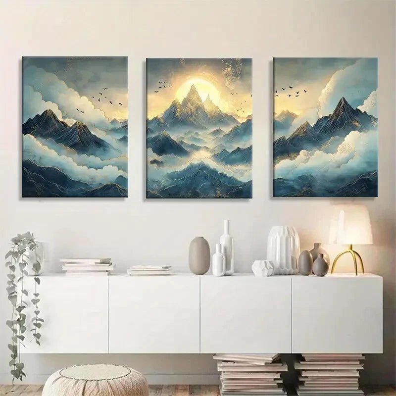 3pcs Stunning Mountain and Clouds Metal Print Ready to Hang Art - Bella Home Decor