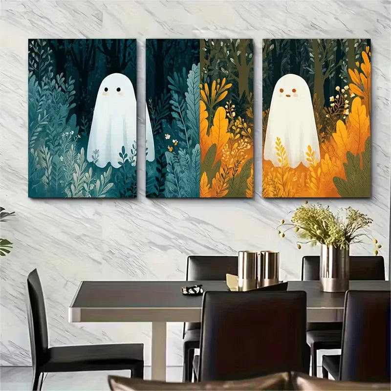 3pcs Cute Ghosts in Woods Metal Print Ready to Hang Art - Bella Home Decor