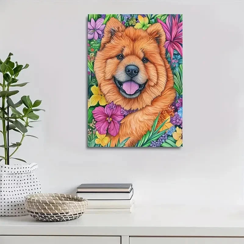 Vibrant Chow Chow Dog with Colorful Flowers Painting 40x60cm Metal Print Ready to Hang - Bella Home Decor