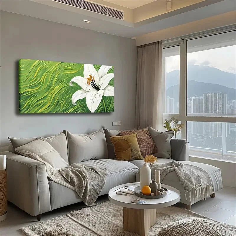 Blooming White Lily Grass Wall Art Canvas Office Home Room Framed 120x60cm - Bella Home Decor