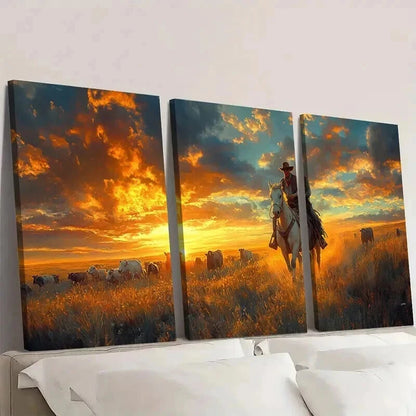 3pcs Vibrant Sunset Prairie Scene with a Cowboy Wall Art Set Canvas Framed 50x70cm - High Quality Print 100% Australian Made Wall Canvas Ready to Hang - Bella Home Decor