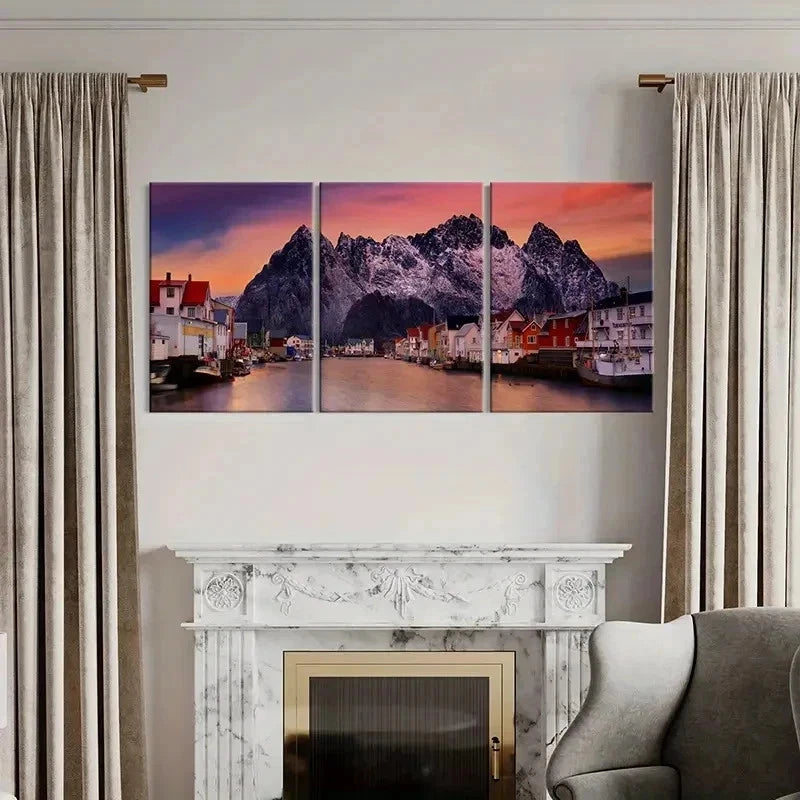 3pcs Mountains Small Town and Lake Wall Art Set Canvas Framed 50x70cm - High Quality Print 100% Australian Made Wall Canvas Ready to Hang - Bella Home Decor
