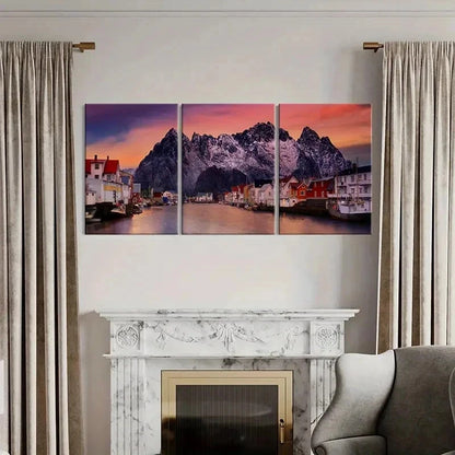 3pcs Mountains Small Town and Lake Wall Art Set Canvas Framed 50x70cm - High Quality Print 100% Australian Made Wall Canvas Ready to Hang - Bella Home Decor