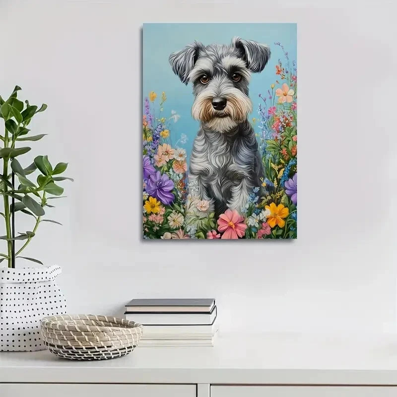 Flowers And Plants Cute Schnauzer Dog Painting 40x60cm Metal Print Ready to Hang - Bella Home Decor